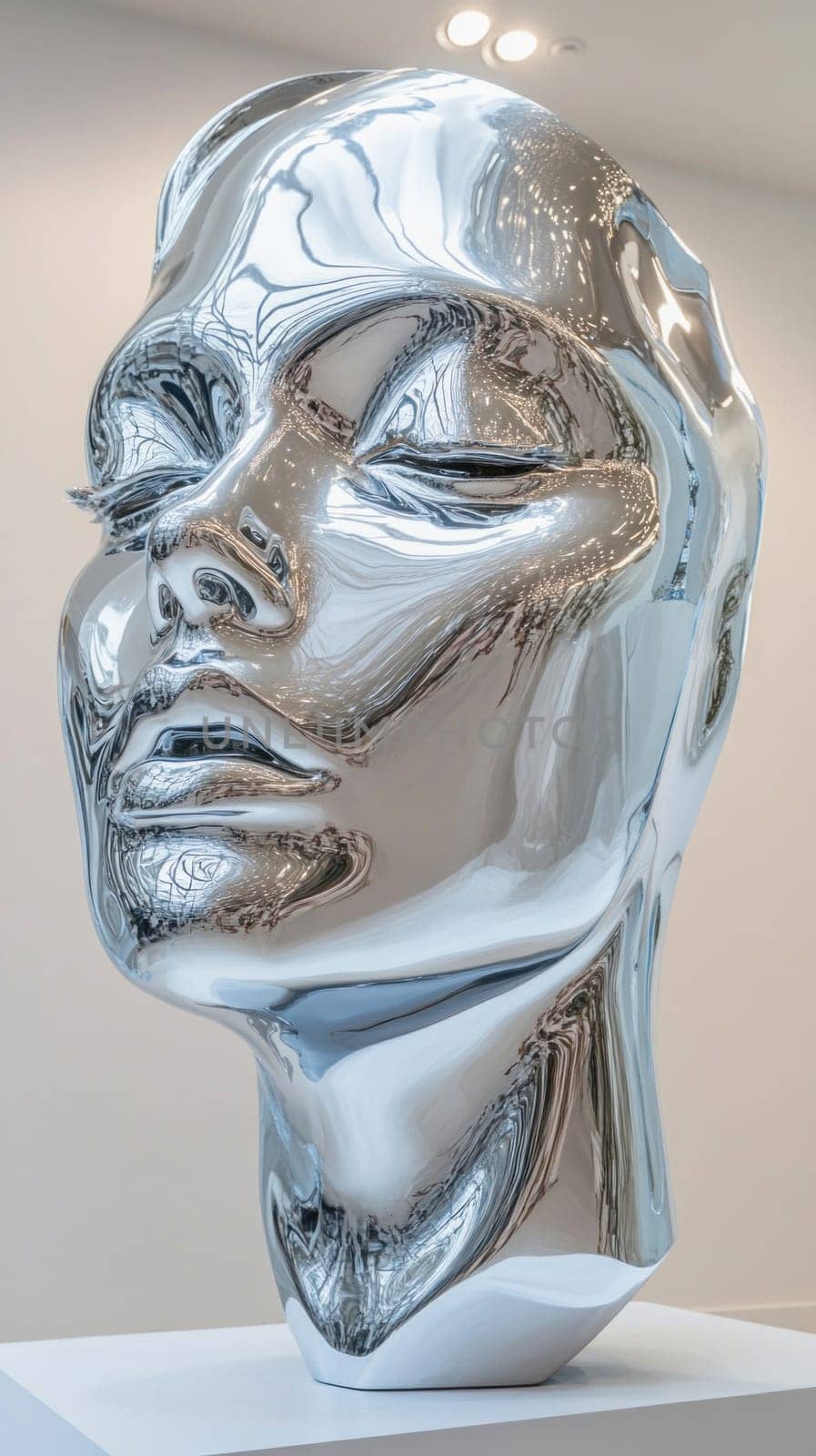 Modern art sculpture of a chrome female head reflecting gallery lights