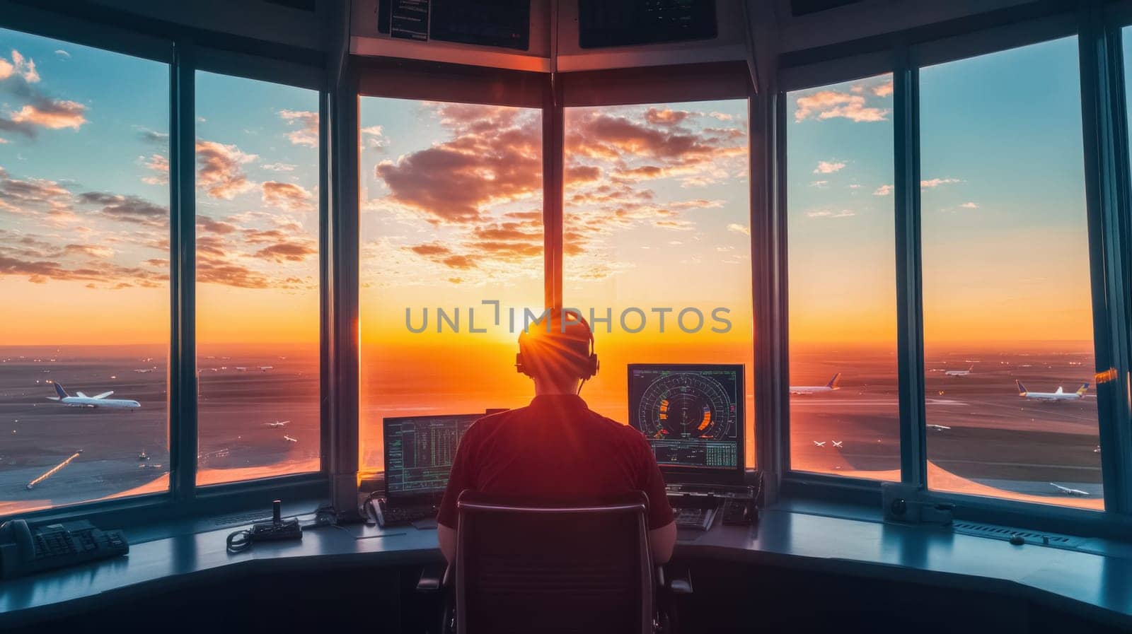 Air traffic controller working in control tower overlooking airport runway during sunset