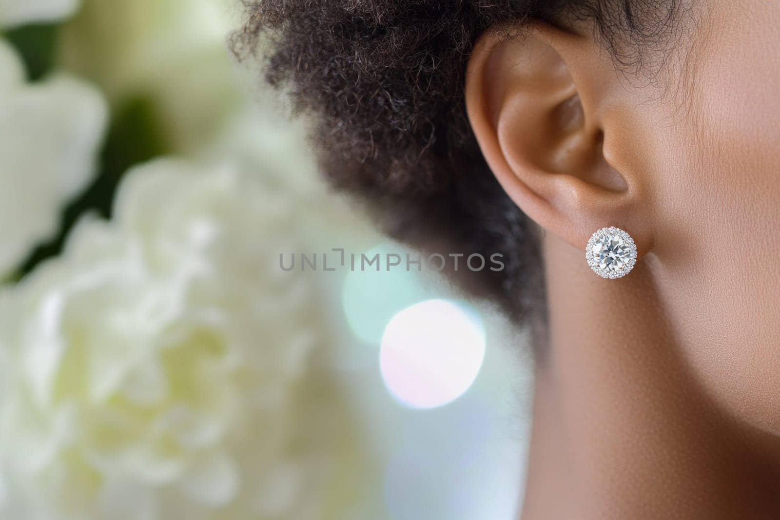 Close up of a diamond earring worn by a woman, with out of focus white flowers in the background, creating a luxurious and elegant atmosphere