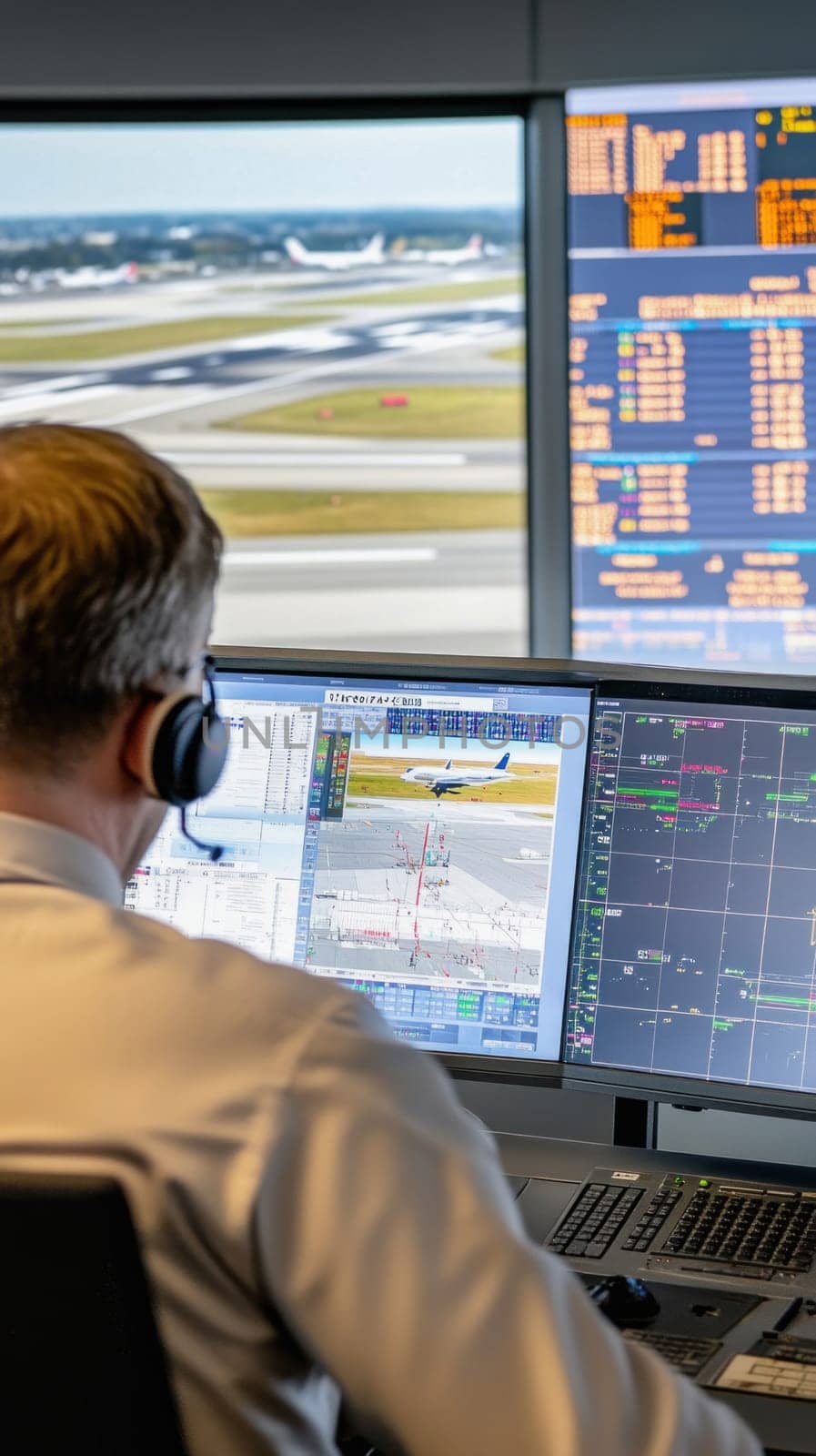 Air traffic controller monitoring airplane traffic on multiple computer screens and managing flight schedules