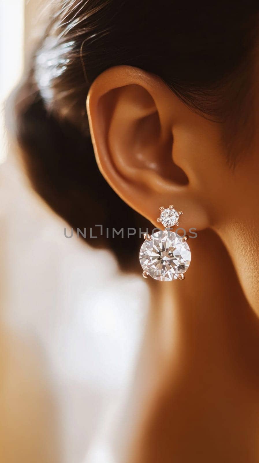 Close up of a woman's ear adorned with sparkling diamond earrings, showcasing elegance and luxury