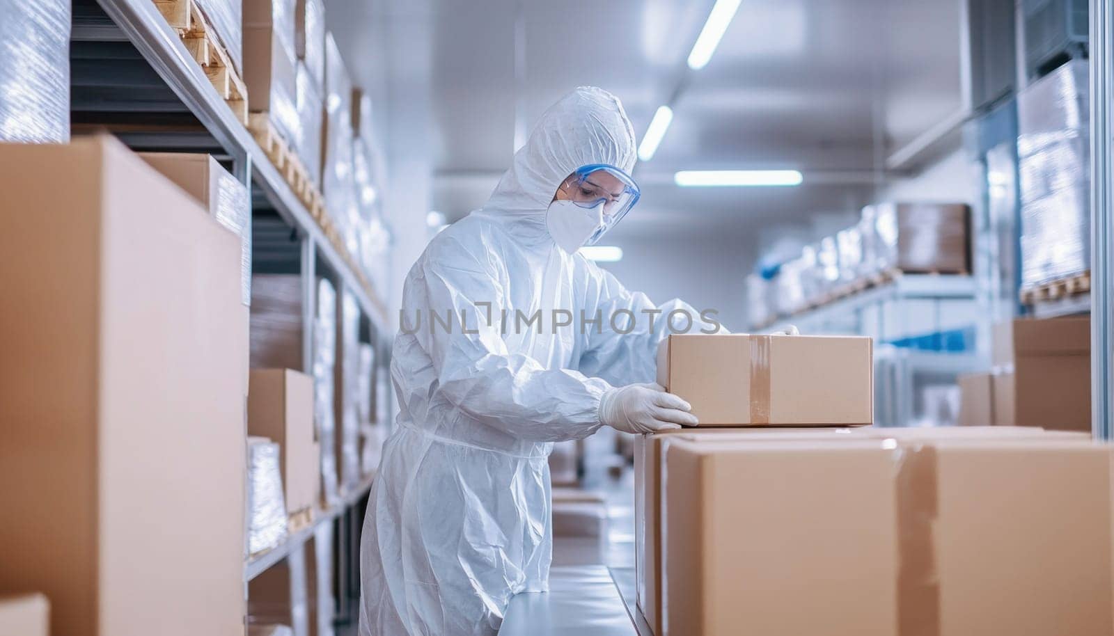 Warehouse worker arranging cardboard boxes on a conveyor belt while wearing a protective suit, face mask, and gloves