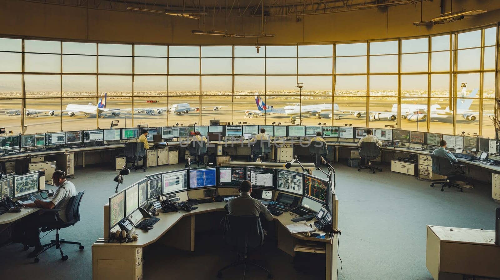 Flight controllers working at consoles inside an airport control tower, managing air traffic