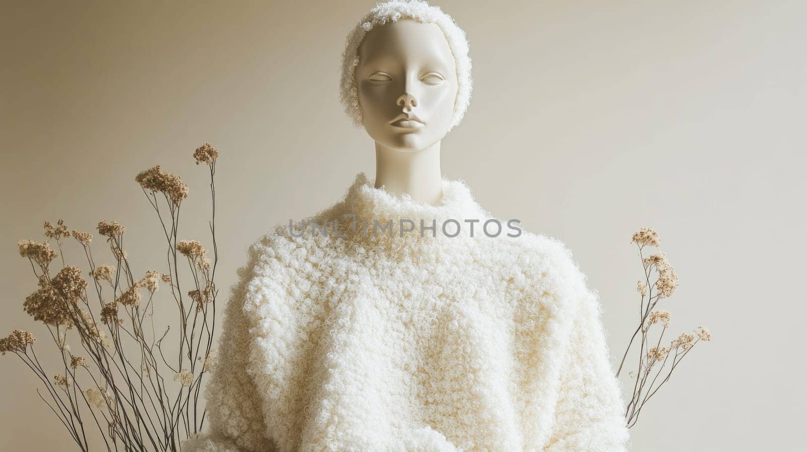 White fluffy sweater and headband on mannequin with dried flowers, showcasing cozy winter fashion