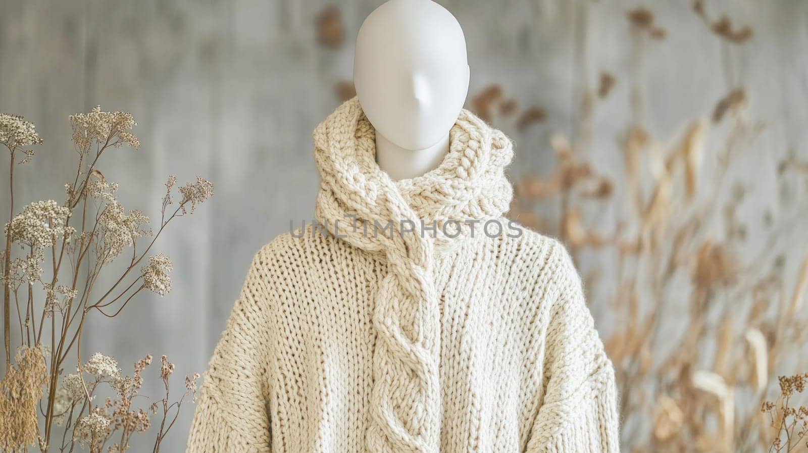 Cozy handmade oversized sweater with cable knit pattern displayed on mannequin, perfect for winter fashion