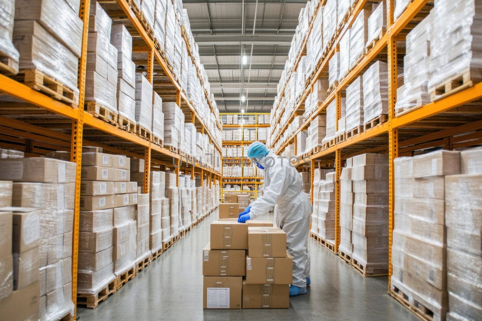 Warehouse worker wearing hazmat suit arranging cardboard boxes on a pallet in a large distribution warehouse