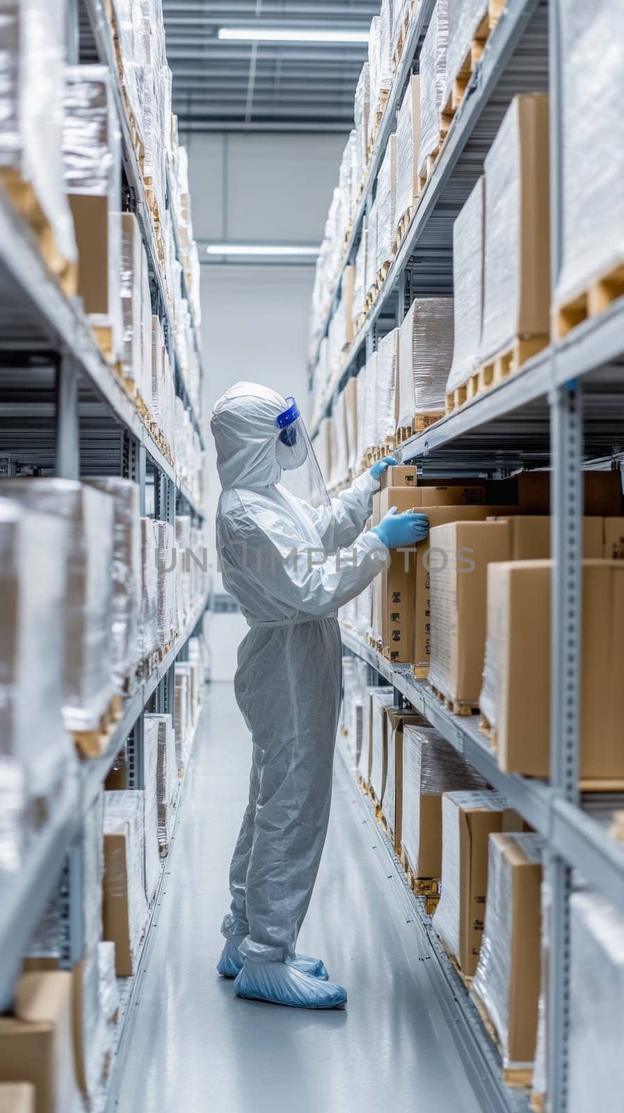 Warehouse worker wearing hazmat suit checking goods on shelves in storage room of a modern warehouse