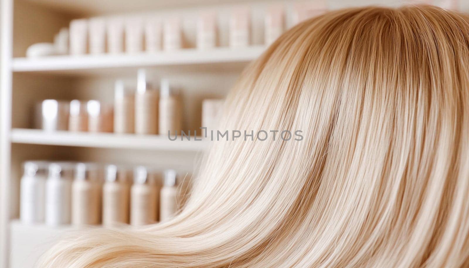 Blond hair lying on a surface in a hair salon, with hair products arranged on shelves in the background
