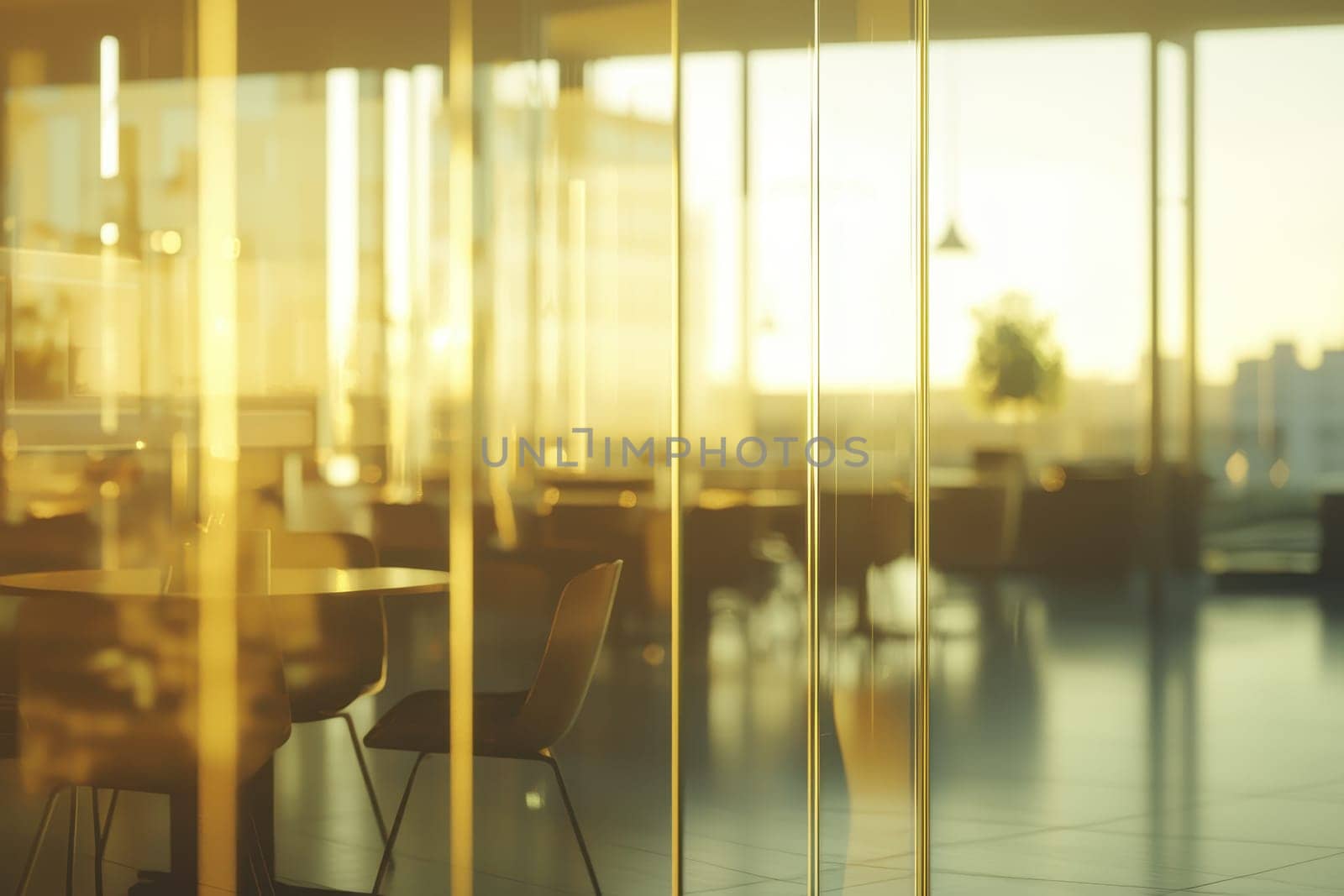 This image captures a serene indoor setting highlighted by a beautiful sunrise, creating a warm and inviting atmosphere with sleek glass walls and minimalist furniture.