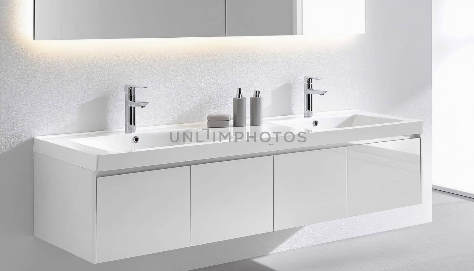 Contemporary bathroom design featuring a sleek white vanity, double sinks, and modern chrome faucets, creating a bright and stylish space