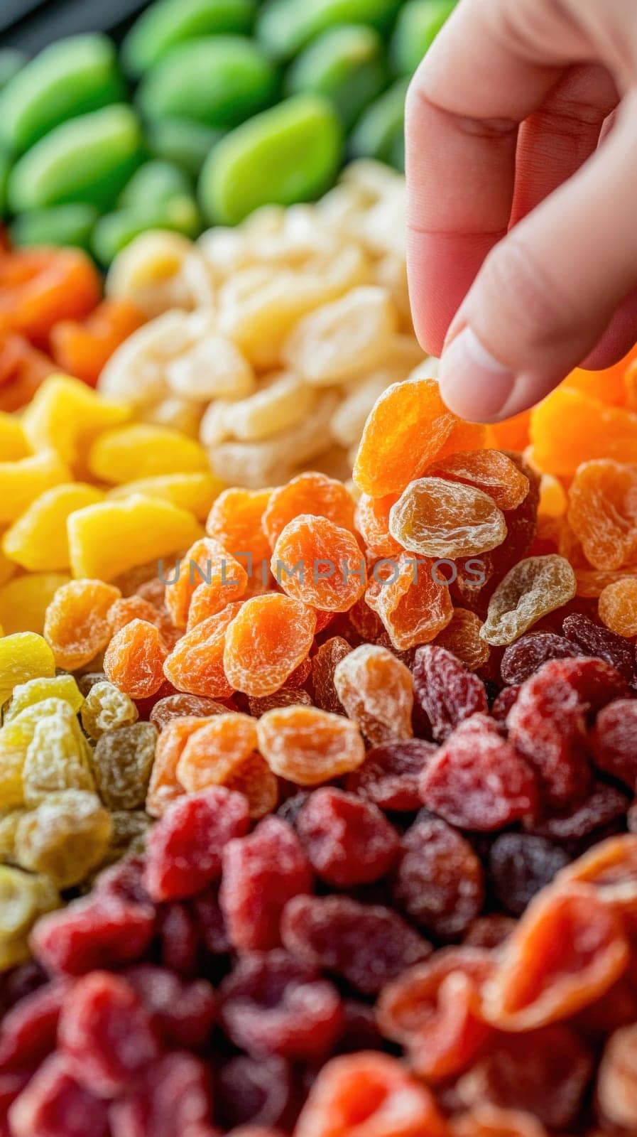 Close up of hand selecting a dried apricot from a vibrant and diverse mix of dehydrated fruits, showcasing a healthy snacking option