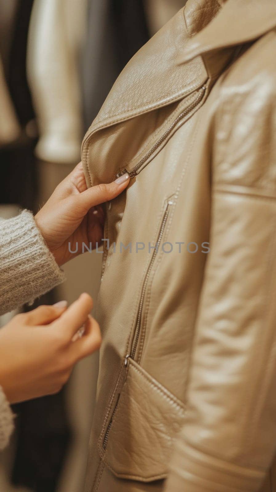 Hands of shop assistant showing beige leather jacket details to customer in clothing store