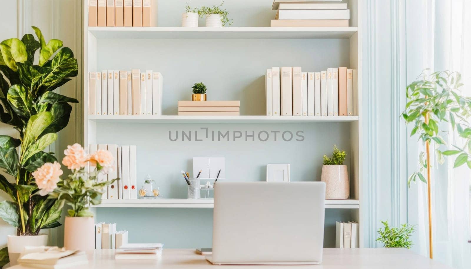 Stylish and organized workspace featuring laptop, books, plants, and decorative elements on a white shelf, promoting productivity and a calming atmosphere