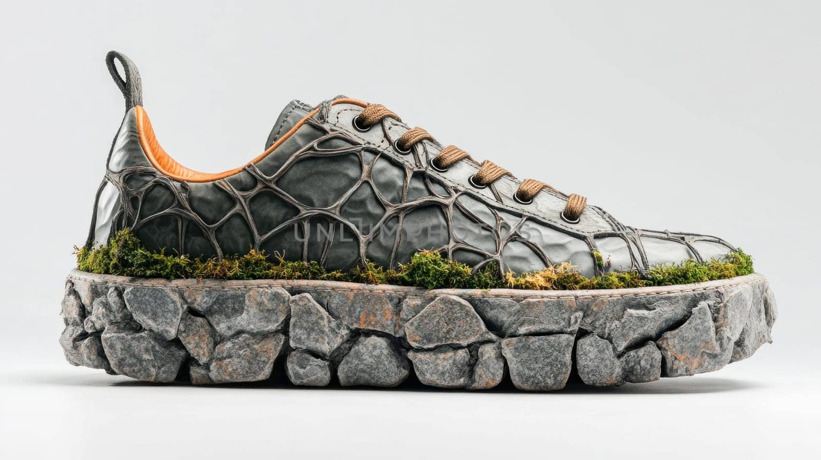 Innovative sneaker design merging nature and technology, featuring a moss covered stone sole