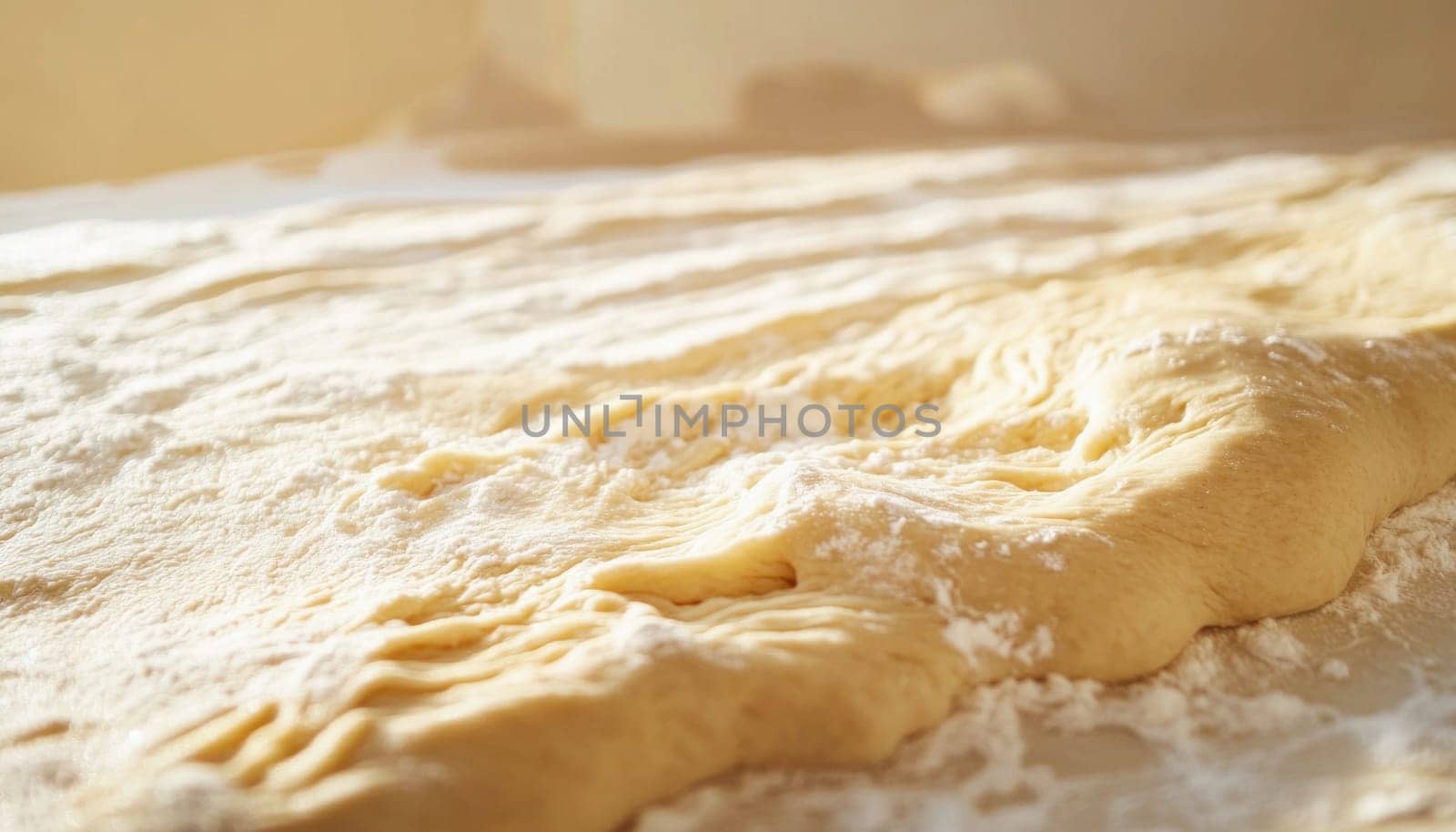 Fresh dough is kneaded and sprinkled with flour, ready for baking in a bakery kitchen