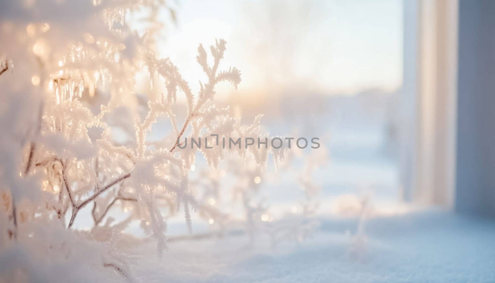 Snow covered branches sparkle in golden sunlight near a window, creating a beautiful winter scene