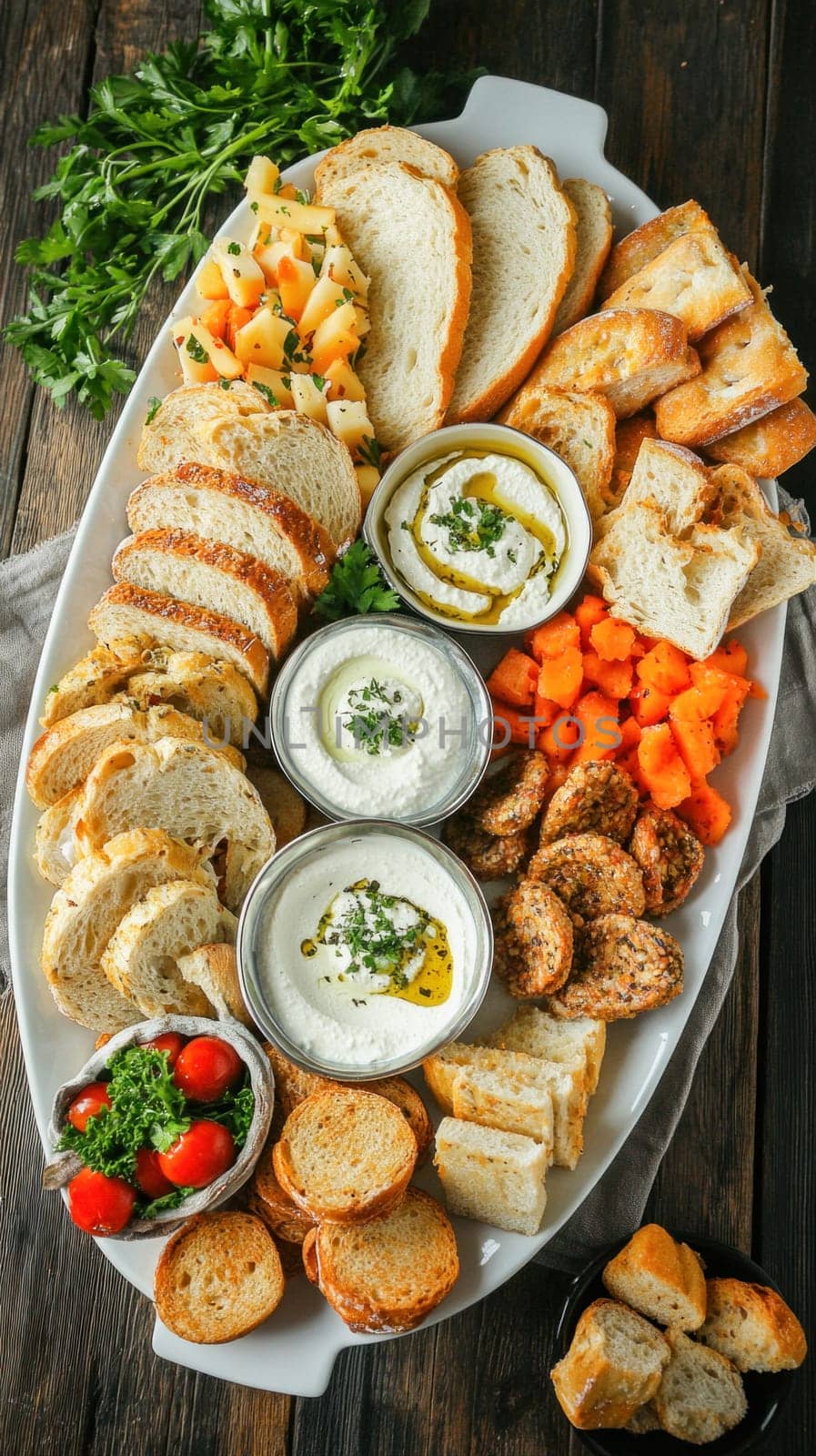 Overhead view of a charcuterie board offering a variety of breads, dips, vegetables, and crackers, creating a visually appealing and appetizing spread