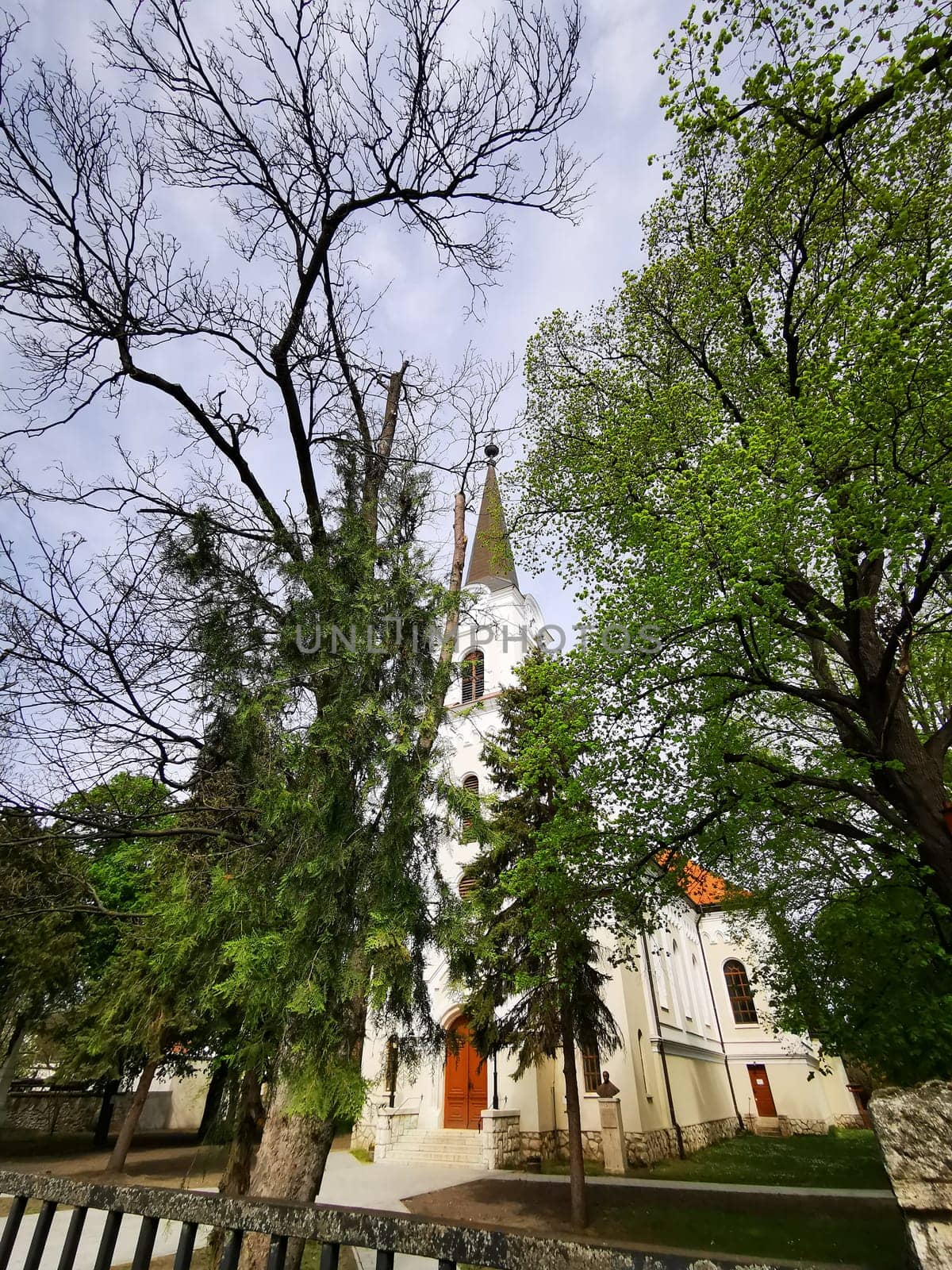 A peaceful church stands prominently among tall trees, with vibrant green leaves reflecting the beauty of spring. The tall spire reaches up to a slightly overcast sky.