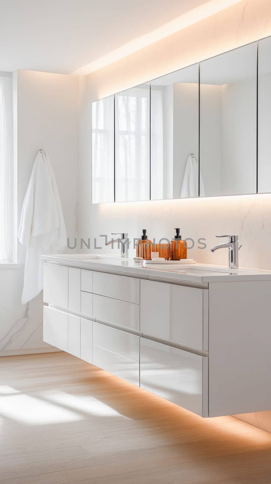 Bright, clean, and contemporary bathroom showcasing minimalist design with white floating vanity, backlit mirror, and warm ambient lighting