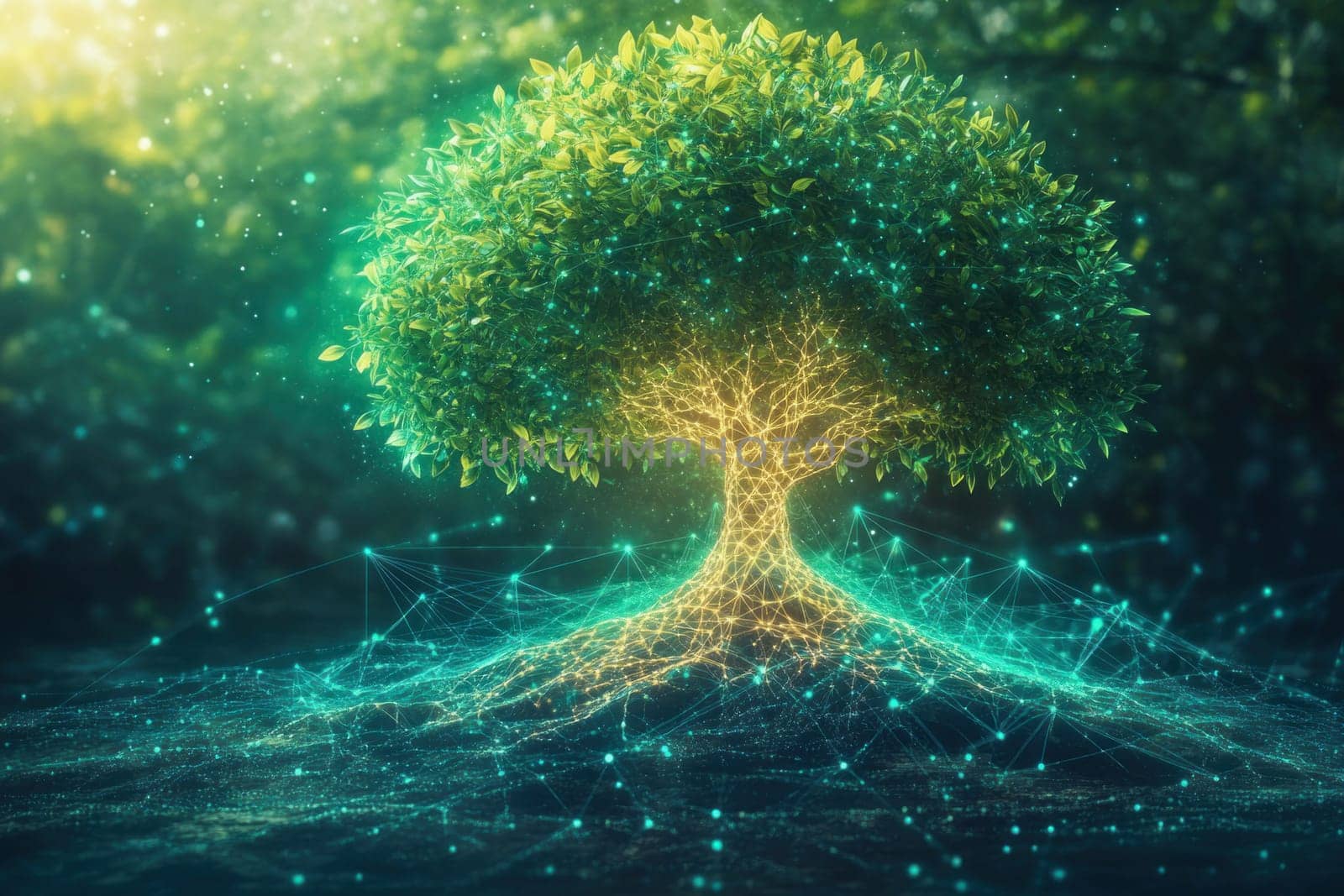 Green leaves thrive on a luminous tree, its roots forming a digital network, symbolizing the interconnectedness of nature and technology