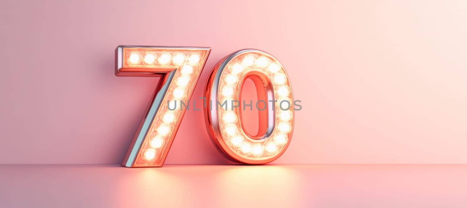 Number 70 made of light bulbs illuminating pink wall in empty room