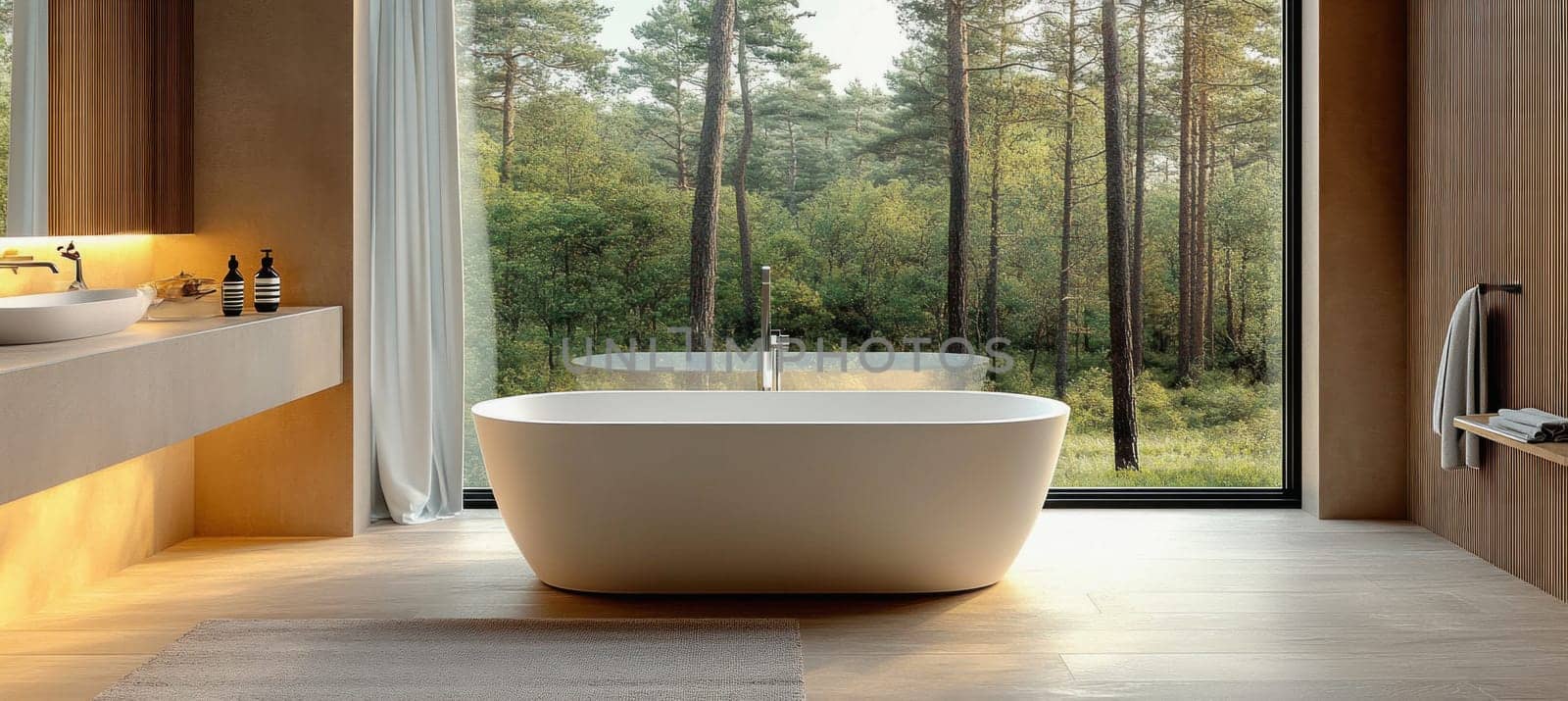 Freestanding bathtub in a modern bathroom with a large window overlooking a lush green forest, creating a serene and relaxing atmosphere