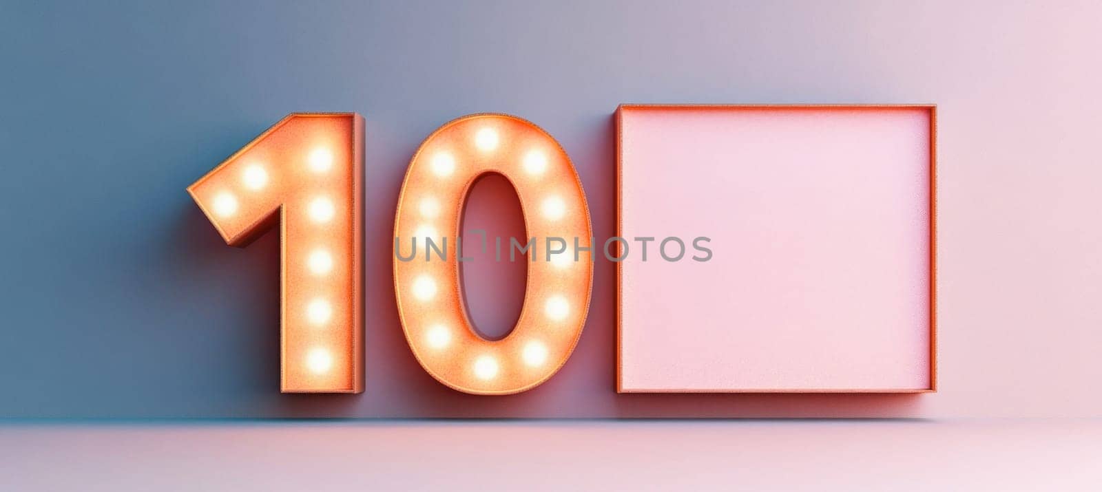 Lighted number ten with lightbulbs and a blank pink sign illuminating a gray wall