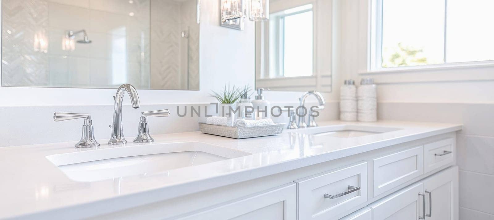 Bright, clean, and spacious, this modern bathroom features a double vanity with white cabinets, chrome faucets, and a touch of elegance