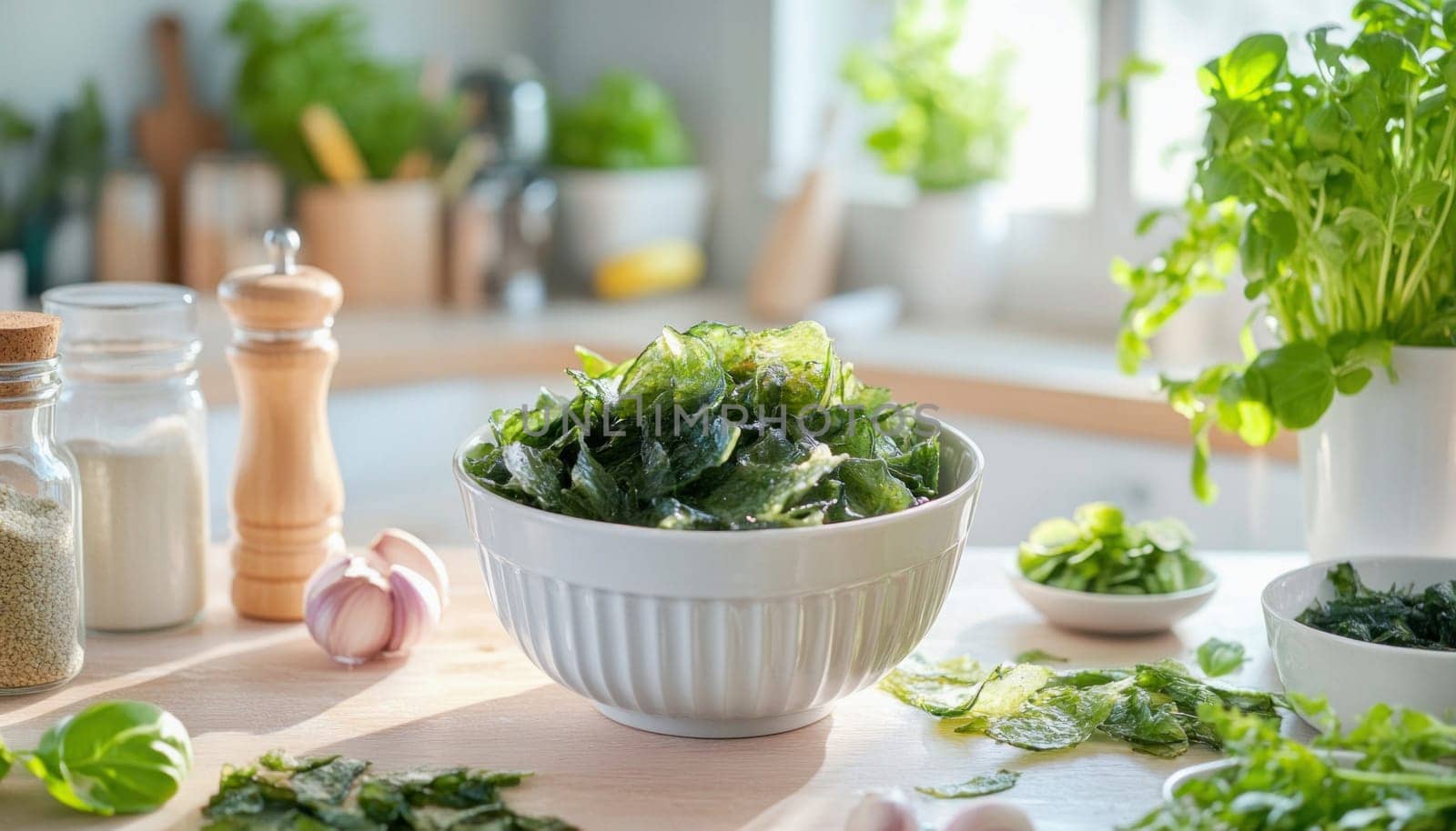 Crispy kale chips are served in a white bowl, surrounded by fresh herbs and spices, creating a healthy and delicious snacking option