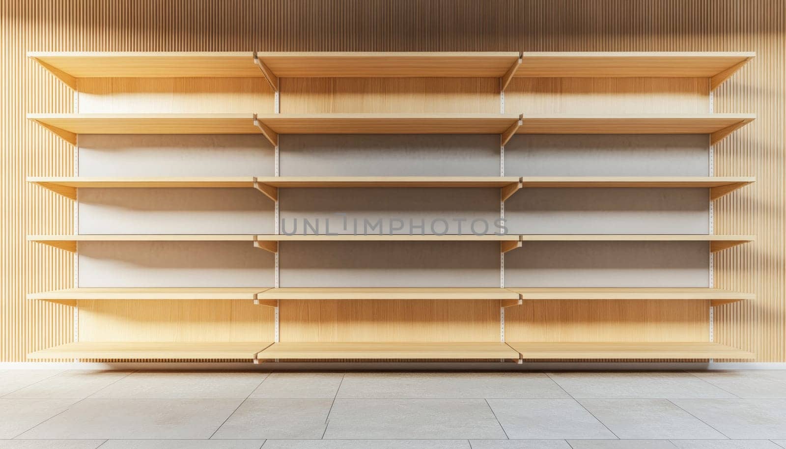 Light brown wooden shelves mounted on a slatted wall in a modern minimalist room create a clean and organized display space