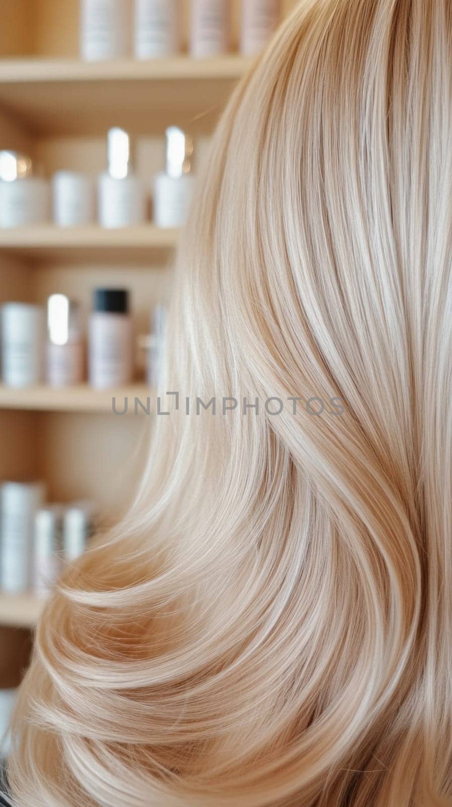 Long, wavy, blonde hair is displayed, showcasing the results of a salon treatment