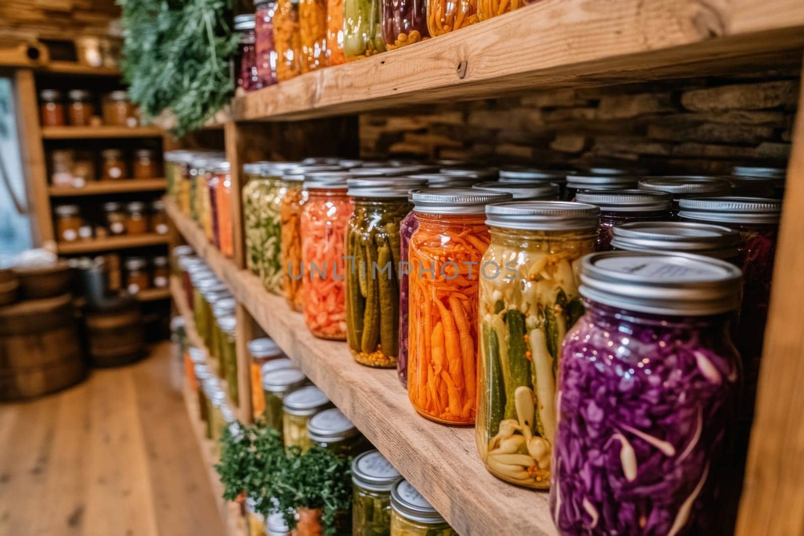 Colorful pickled vegetables preserved in glass jars, creating a vibrant display on wooden shelves, showcasing the art of food preservation