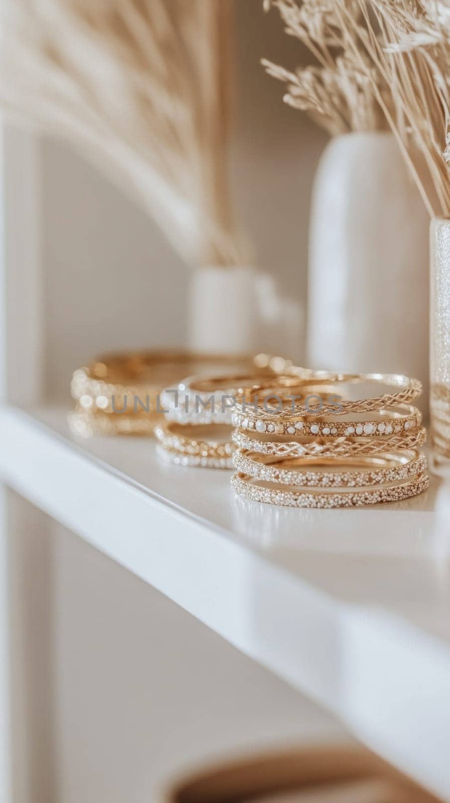 Elegant golden bracelets arranged on a white shelf, adding a touch of glamour to a room decorated with dried flowers
