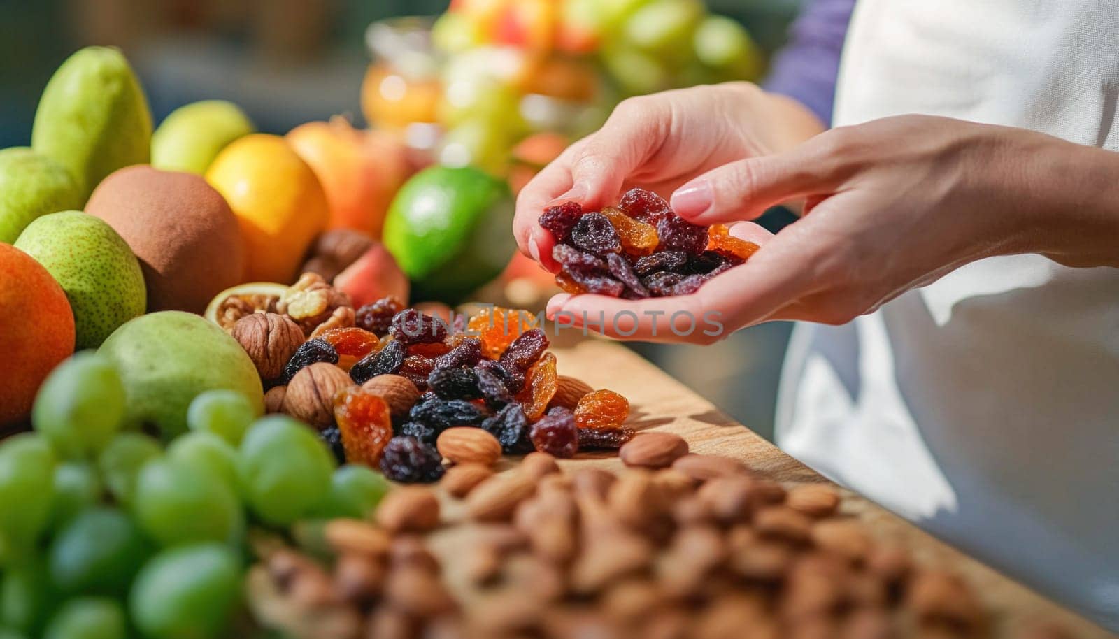 Chef holding raisins over a wooden table with almonds and other dried fruits, with fresh fruits in the background