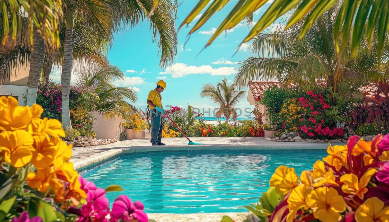 Pool cleaner cleaning a beautiful blue swimming pool in a tropical resort
