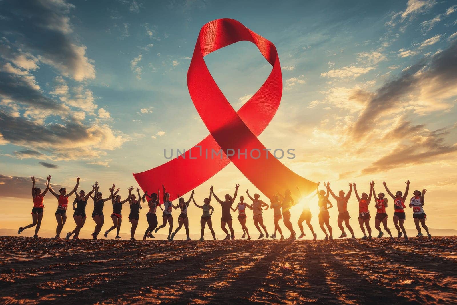 A vibrant scene of people joyfully celebrating in front of a large red ribbon, symbolizing unity and awareness, set against a picturesque sunset backdrop.