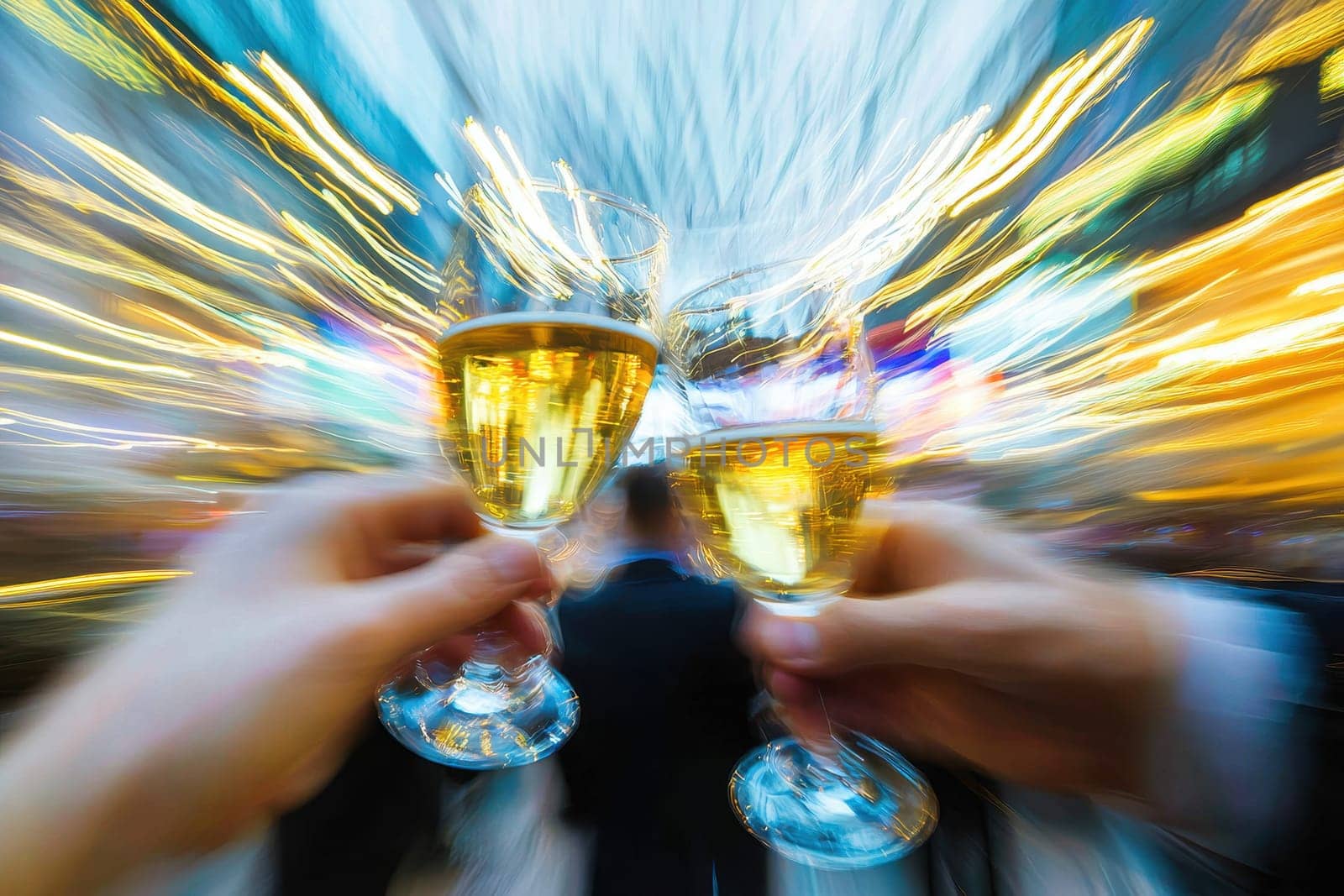 Two glasses of champagne clink together in a vibrant, blurred environment filled with colorful lights, capturing the essence of celebration and joyful moments.