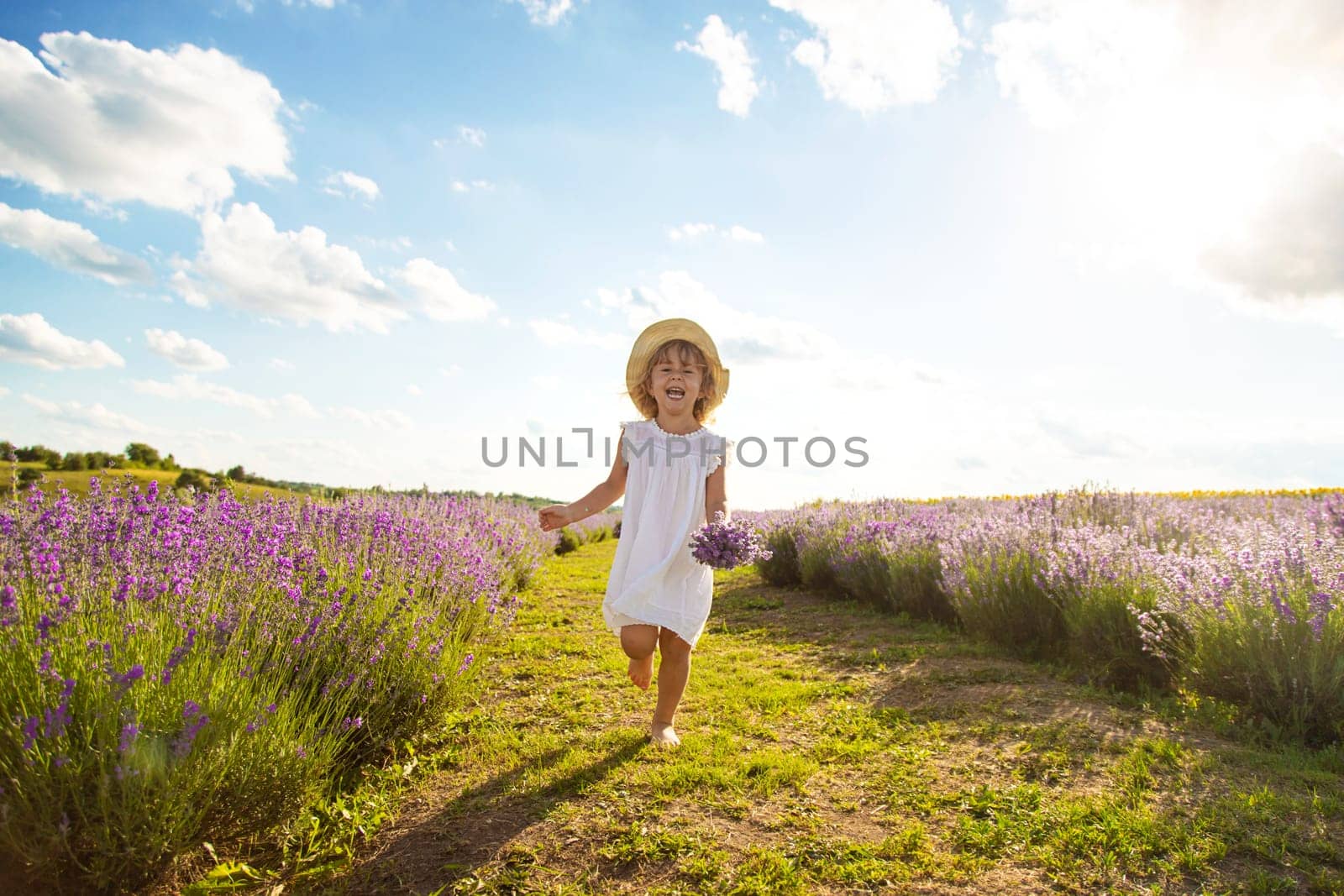 Child girl in lavender field. Selective focus. kid.