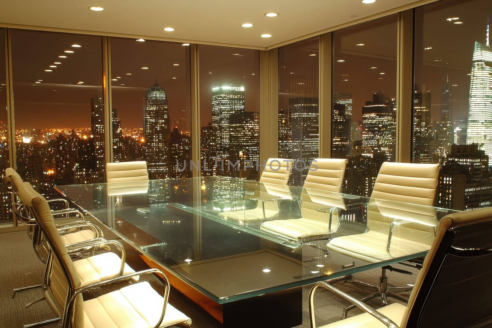 A stylish and modern conference room featuring a glass table and comfortable chairs, offering a stunning view of a vibrant illuminated city skyline during the night.