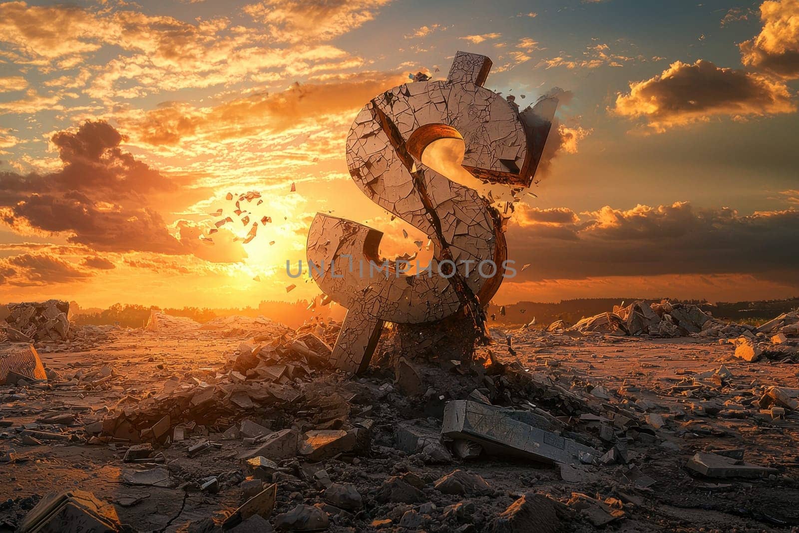 A dramatic image of a cracked dollar sign emerging from the ground, set against a vibrant sunset. This artwork symbolizes financial despair and the impact of economic crises.