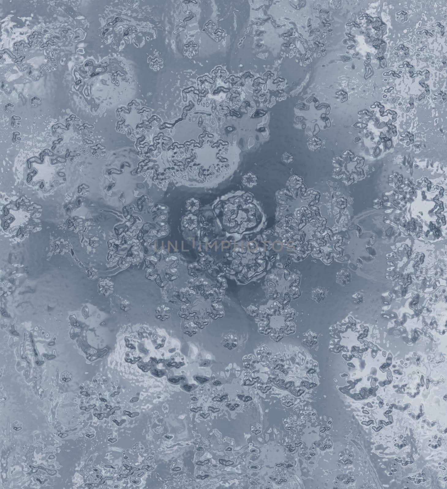 Grey glass, ice texture with blurred snowflakes. Winter background, frosty pattern on the window