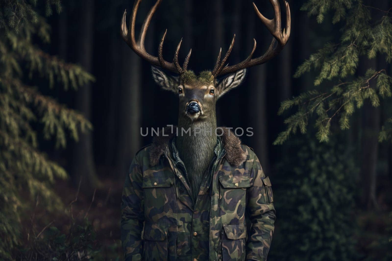 A deer head is wearing a camo jacket and standing in a forest. The image has a whimsical and playful mood, as it is not a realistic depiction of a deer but rather a creative