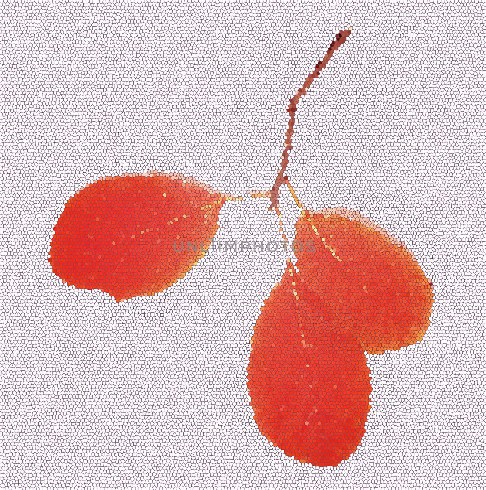 Three orange abstract leaves of a barberry shrub on a light pink background close-up view from above