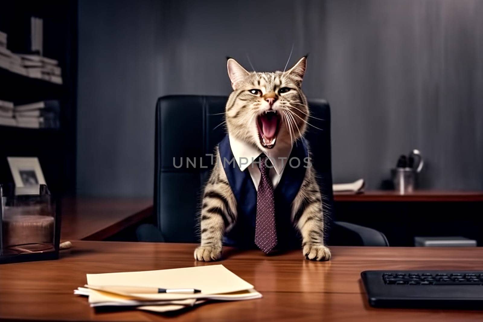 A cat in a suit and tie is sitting at a desk with papers and a laptop. The cat appears to be angry and is making a loud noise