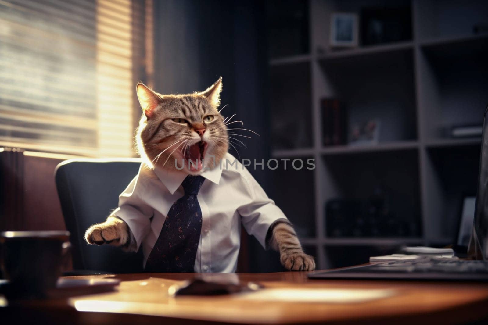 A cat is sitting at a desk with a tie on and a cup of coffee. The cat is angry and is making a loud noise