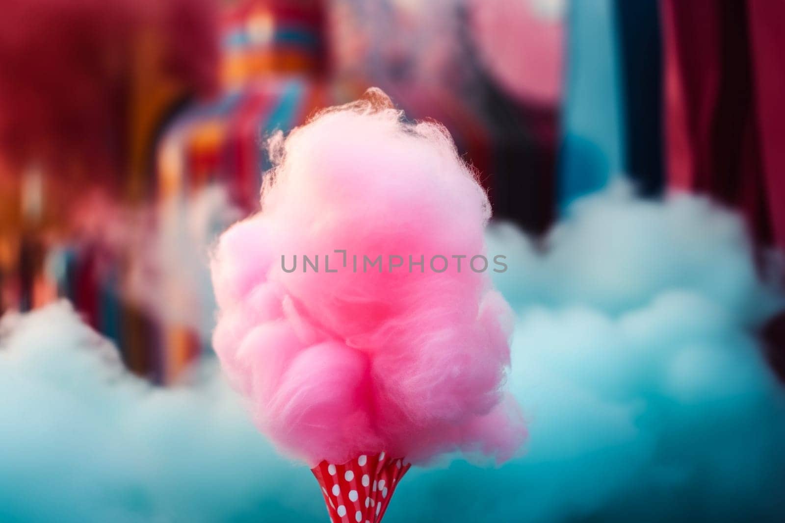 A pink cloud of cotton candy is in a red cup. The pink color of the cotton candy is very bright and stands out against the blue background. The image has a fun and playful mood
