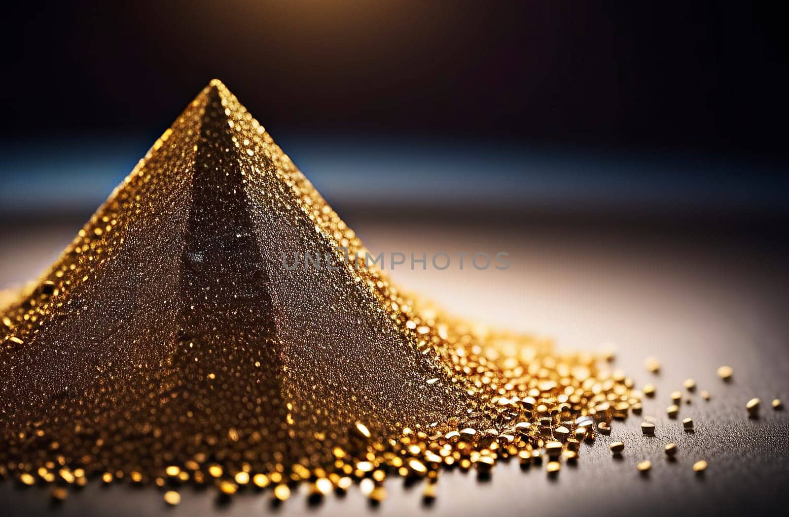 Background. A mountain of small particles of yellow gold, in the form of a pyramid on a dark background, is illuminated with light around it. On the right is space for text.