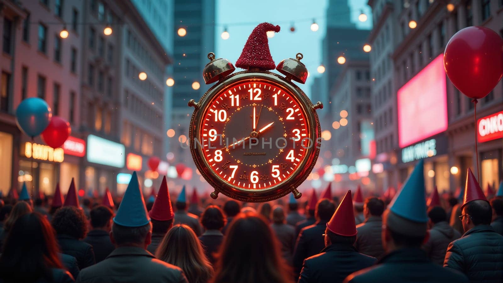A vibrant crowd gathers in a lively city street adorned with colorful balloons and lights, eagerly looking at a large clock signaling the countdown to a special celebration.
