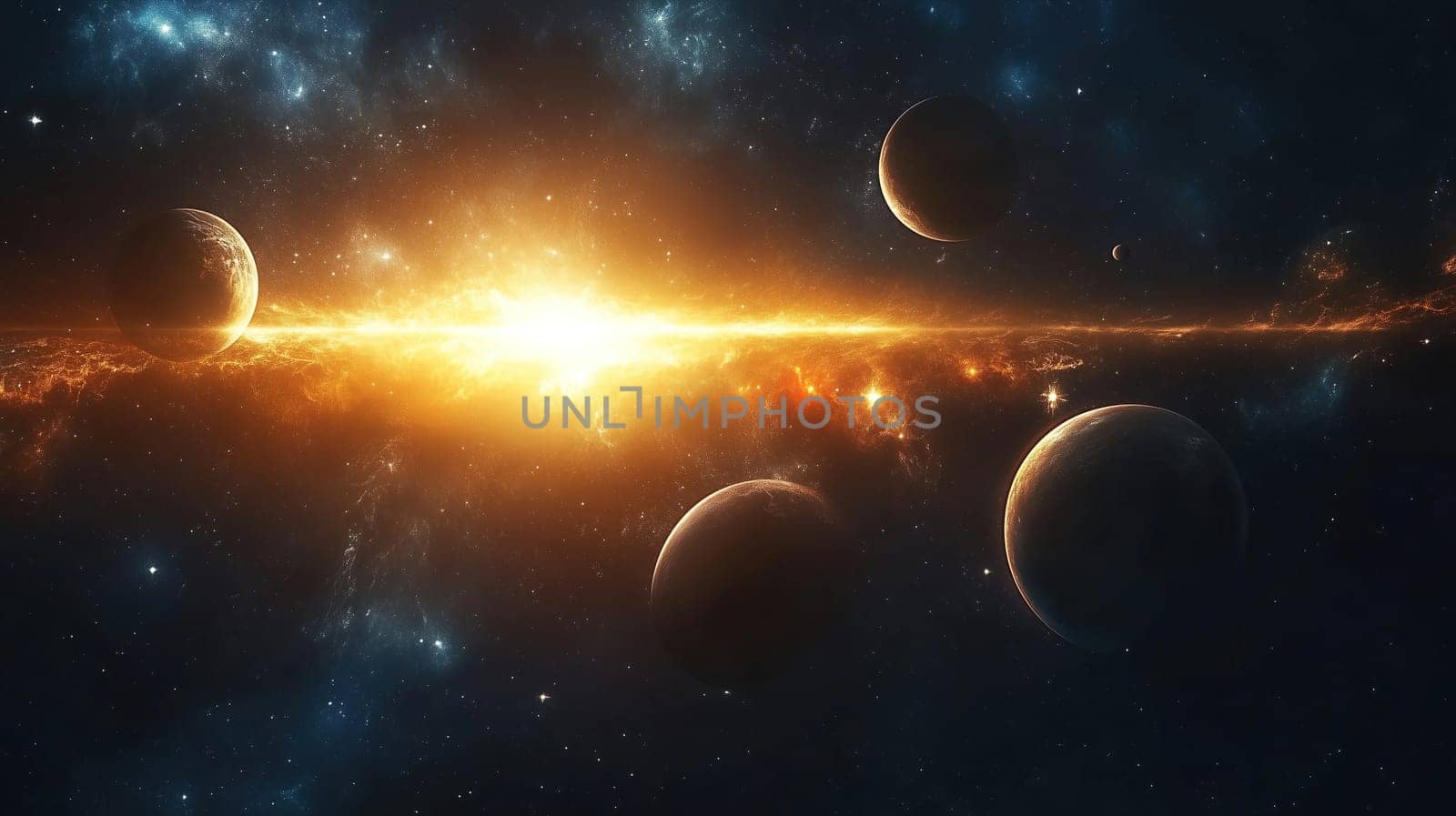 A stunning cosmic explosion illuminates the darkness of space, surrounded by multiple planets. The bright light contrasts against the deep hues of the universe.