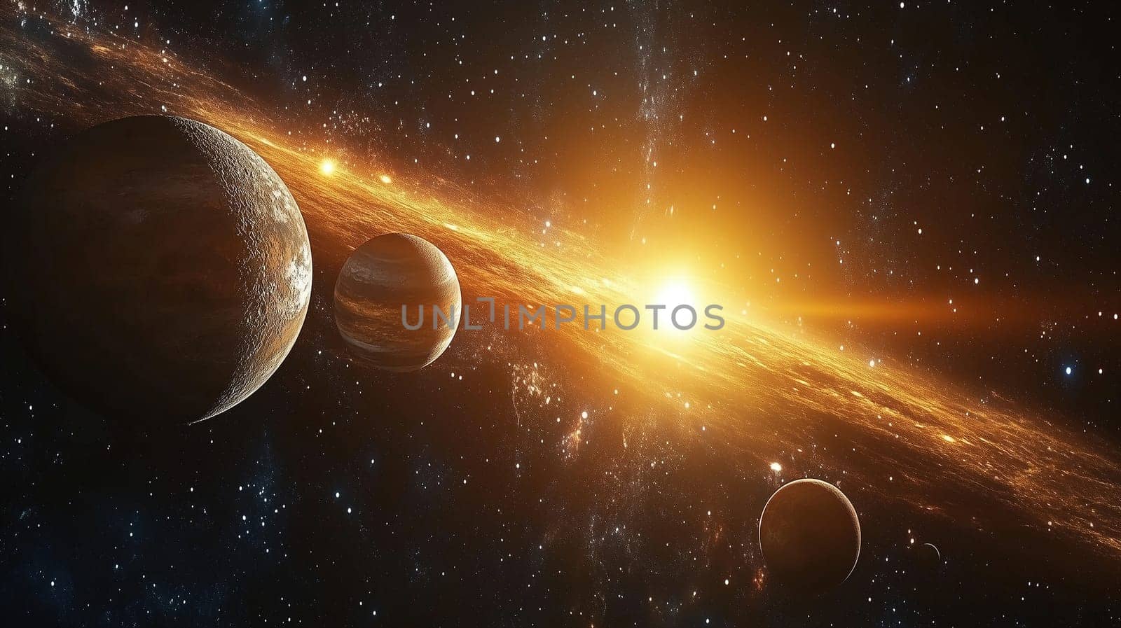 Stars twinkle in the dark universe as planets rotate around a brilliant sun, illuminating the cosmic expanse with vibrant colors and celestial beauty.